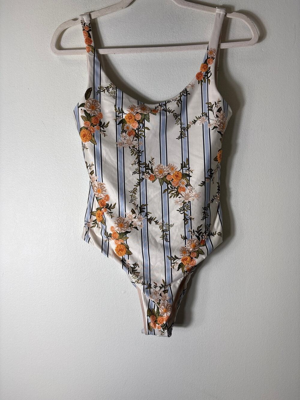 NWT Agua by Aguabendita Light Blue Stripe floral One Piece Swimsuit Sz M